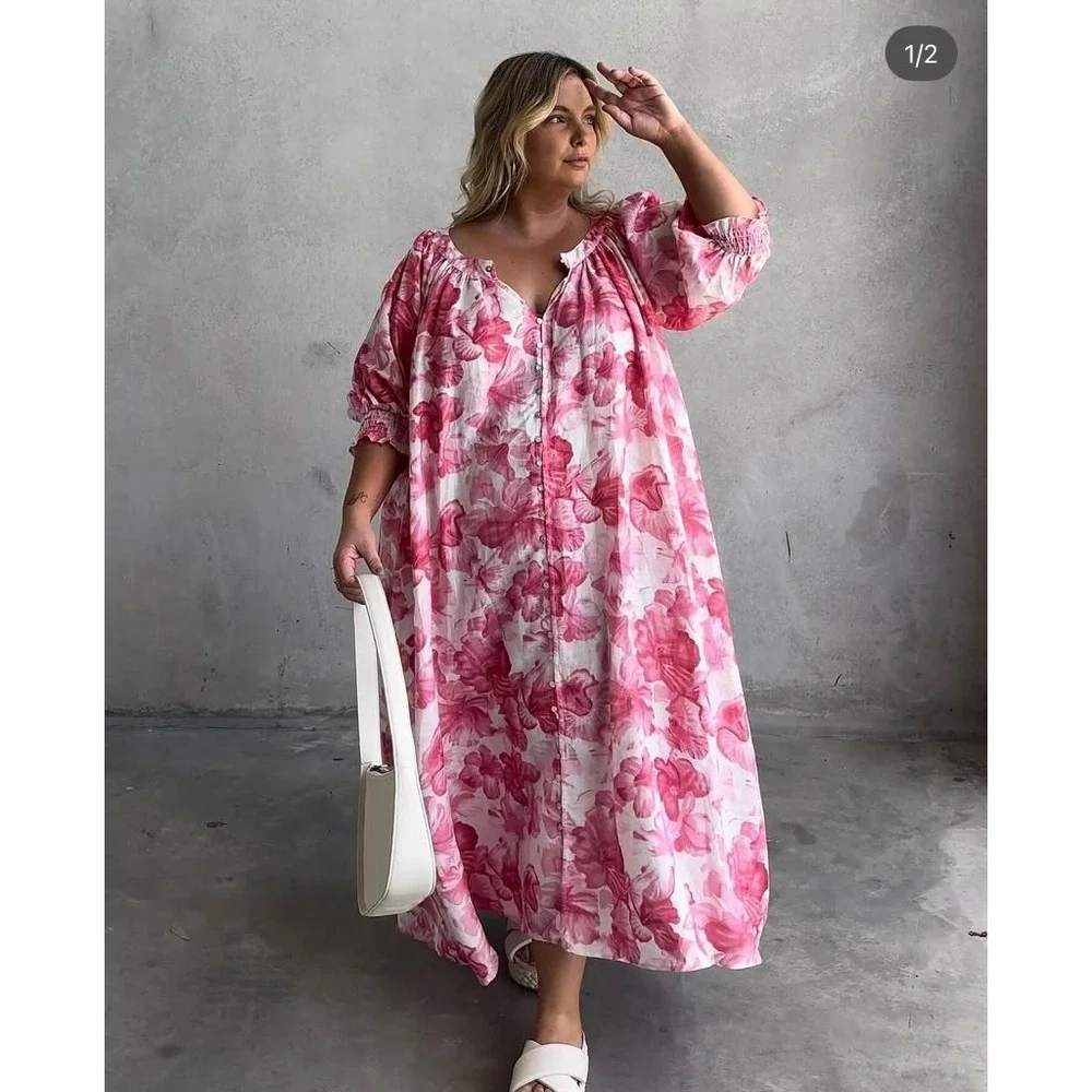 La Boheme Girls Camila Maxi Dress Aloha Pink Floral Button Front One Size NWT - Picture 5 of 16